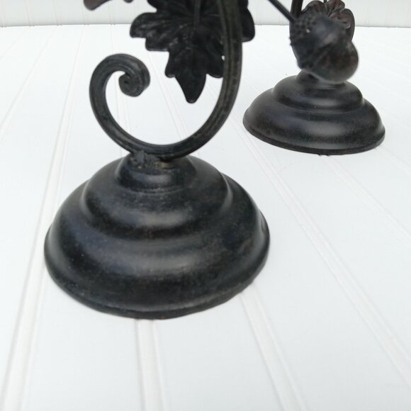 Metal Bronze Acorn Grape Leaf Candlestick Pair Pillar Candle Holder Thanksgiving - Picture 9 of 16